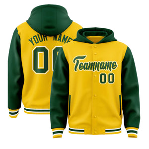 Custom Gold Green Raglan Sleeves Varsity Full-Snap Letterman Two Tone Hoodie Jacket