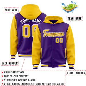 Custom Purple Gold Raglan Sleeves Varsity Full-Snap Letterman Two Tone Hoodie Jacket