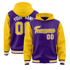 Custom Purple Gold Raglan Sleeves Varsity Full-Snap Letterman Two Tone Hoodie Jacket