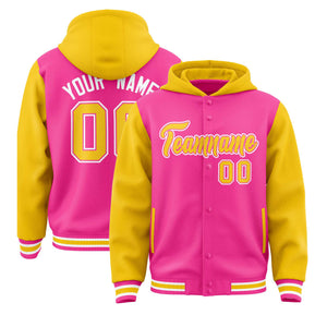 Custom Pink Gold Raglan Sleeves Varsity Full-Snap Letterman Two Tone Hoodie Jacket