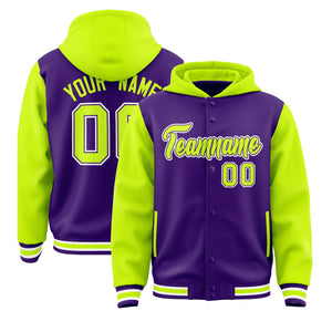 Custom Purple Neon Green Raglan Sleeves Varsity Full-Snap Letterman Two Tone Hoodie Jacket