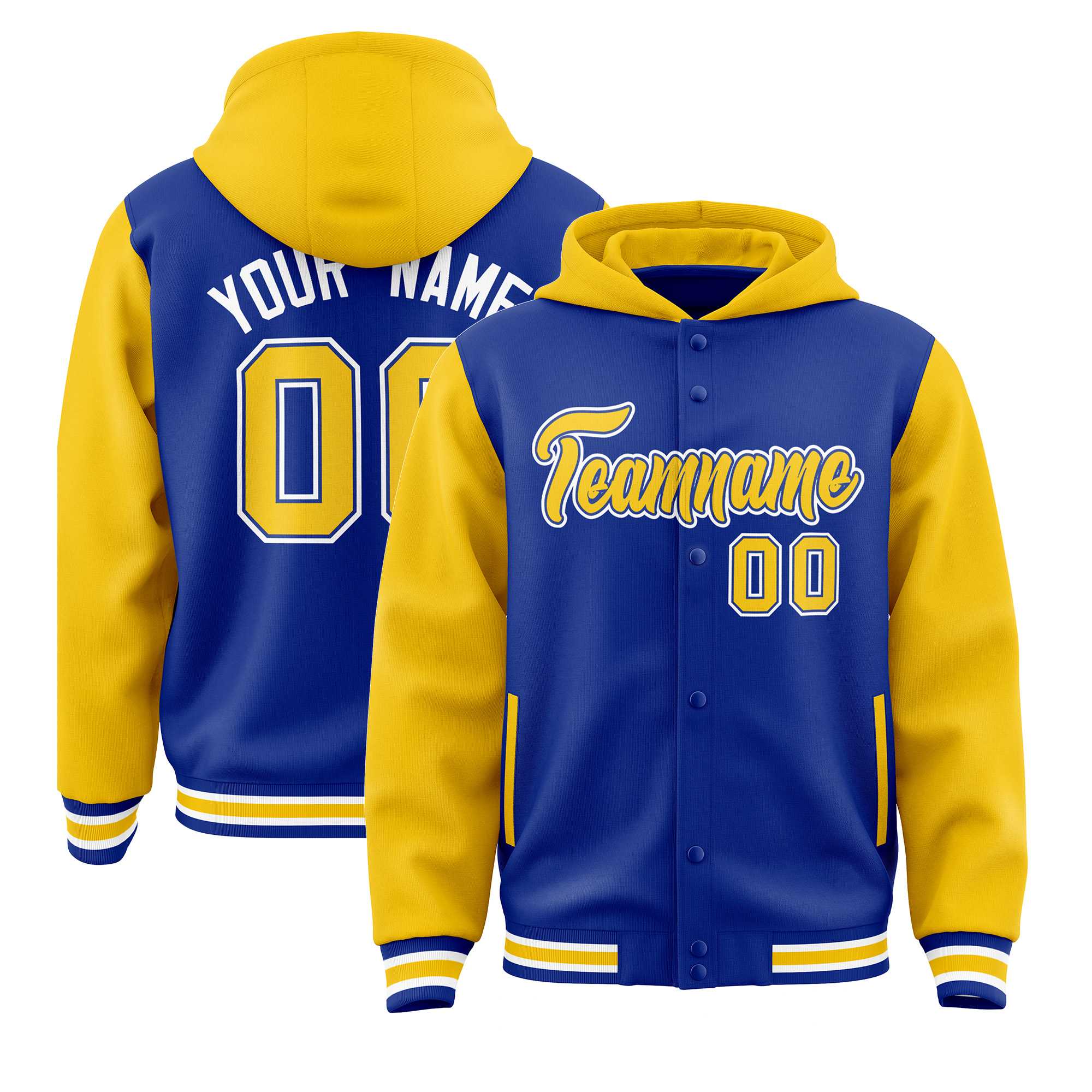 Custom Royal Gold Raglan Sleeves Varsity Full-Snap Letterman Two Tone Hoodie Jacket