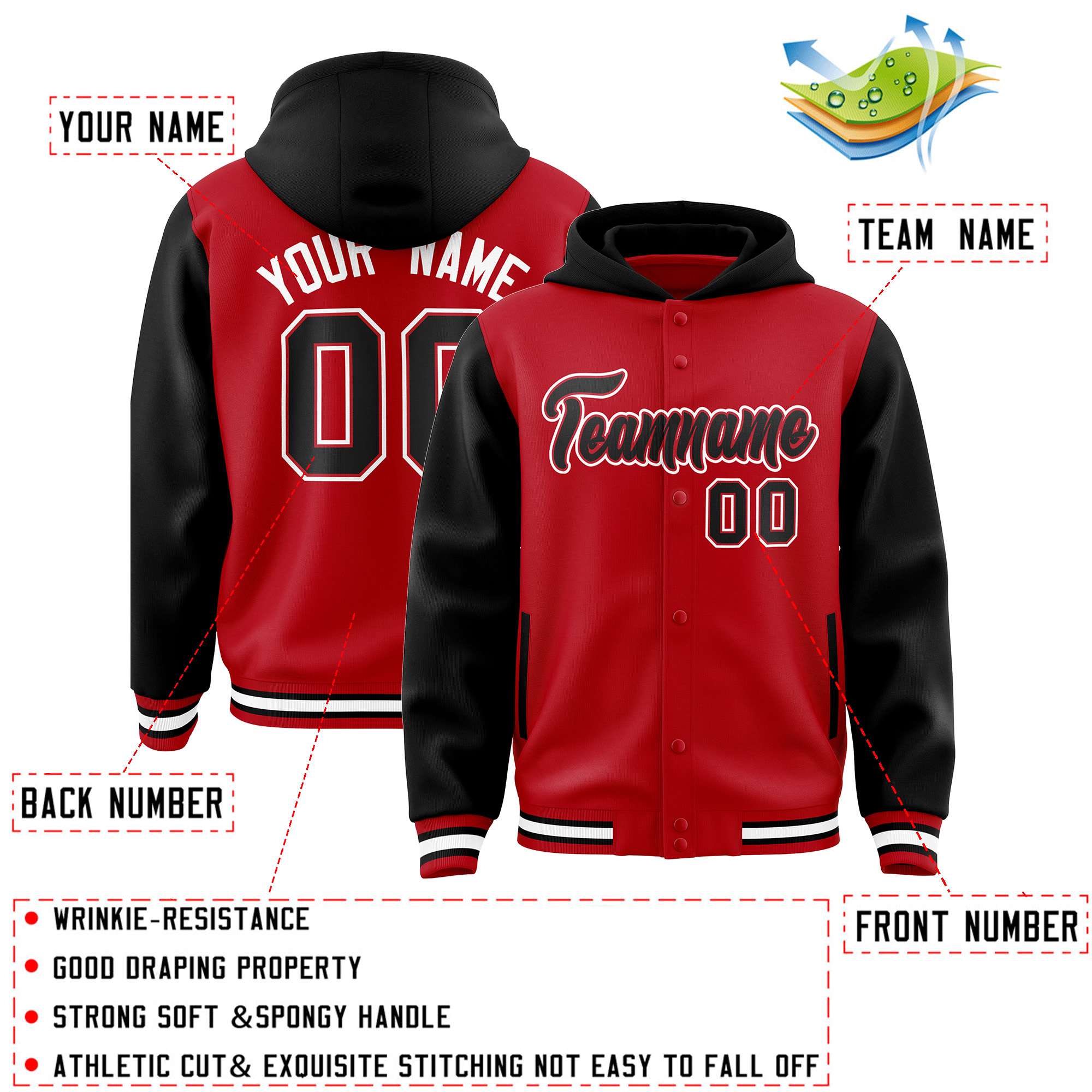 Custom Red Black Raglan Sleeves Varsity Full-Snap Letterman Two Tone Hoodie Jacket