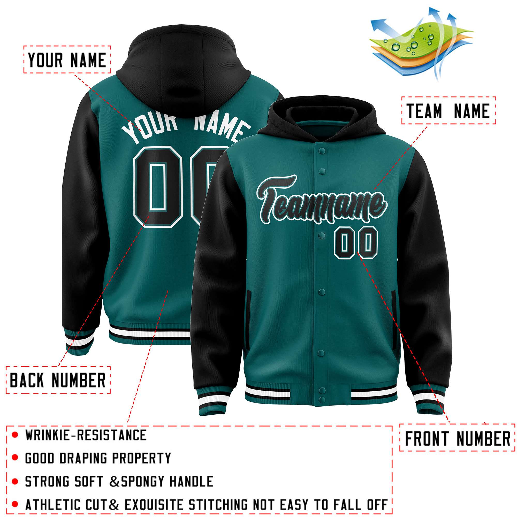 Custom Aqua Black Raglan Sleeves Varsity Full-Snap Letterman Two Tone Hoodie Jacket