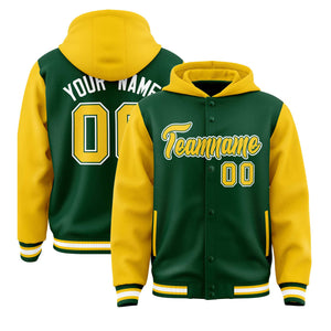 Custom Green Gold Raglan Sleeves Varsity Full-Snap Letterman Two Tone Hoodie Jacket