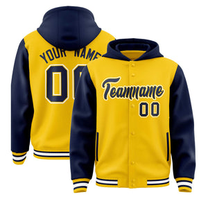 Custom Gold Navy Raglan Sleeves Varsity Full-Snap Letterman Two Tone Hoodie Jacket