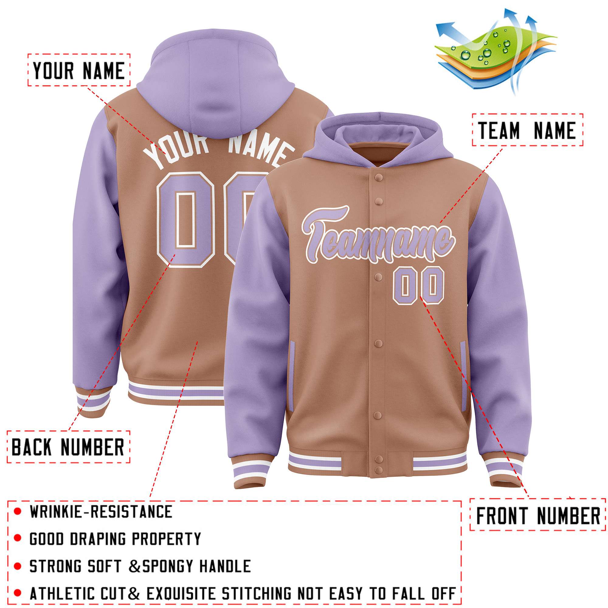 Custom Teabrown Light Purple Raglan Sleeves Varsity Full-Snap Letterman Two Tone Hoodie Jacket