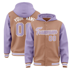 Custom Teabrown Light Purple Raglan Sleeves Varsity Full-Snap Letterman Two Tone Hoodie Jacket