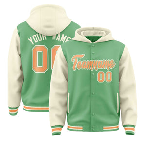 Custom Green Cream Raglan Sleeves Varsity Full-Snap Letterman Two Tone Hoodie Jacket