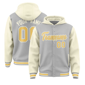 Custom Gray Cream Raglan Sleeves Varsity Full-Snap Letterman Two Tone Hoodie Jacket