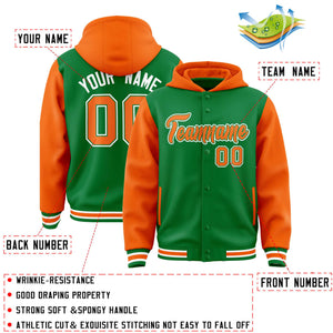 Custom Kelly Green Orange Raglan Sleeves Varsity Full-Snap Letterman Two Tone Hoodie Jacket