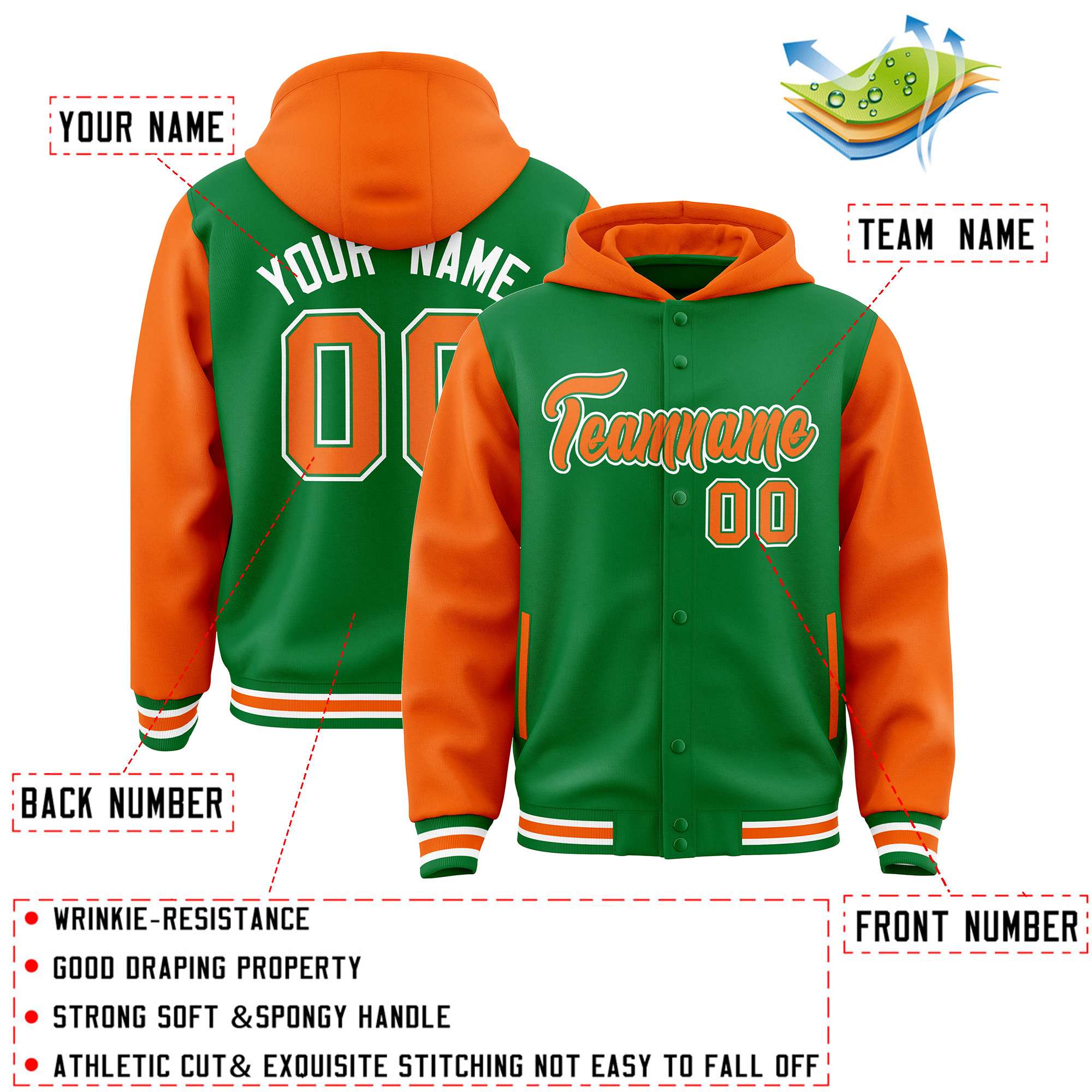 Custom Kelly Green Orange Raglan Sleeves Varsity Full-Snap Letterman Two Tone Hoodie Jacket