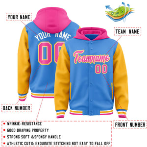 Custom Powder Blue Gold-Pink Raglan Sleeves Varsity Full-Snap Letterman Two Tone Hoodie Jacket