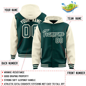 Custom Midnight Green Cream Raglan Sleeves Varsity Full-Snap Letterman Two Tone Hoodie Jacket