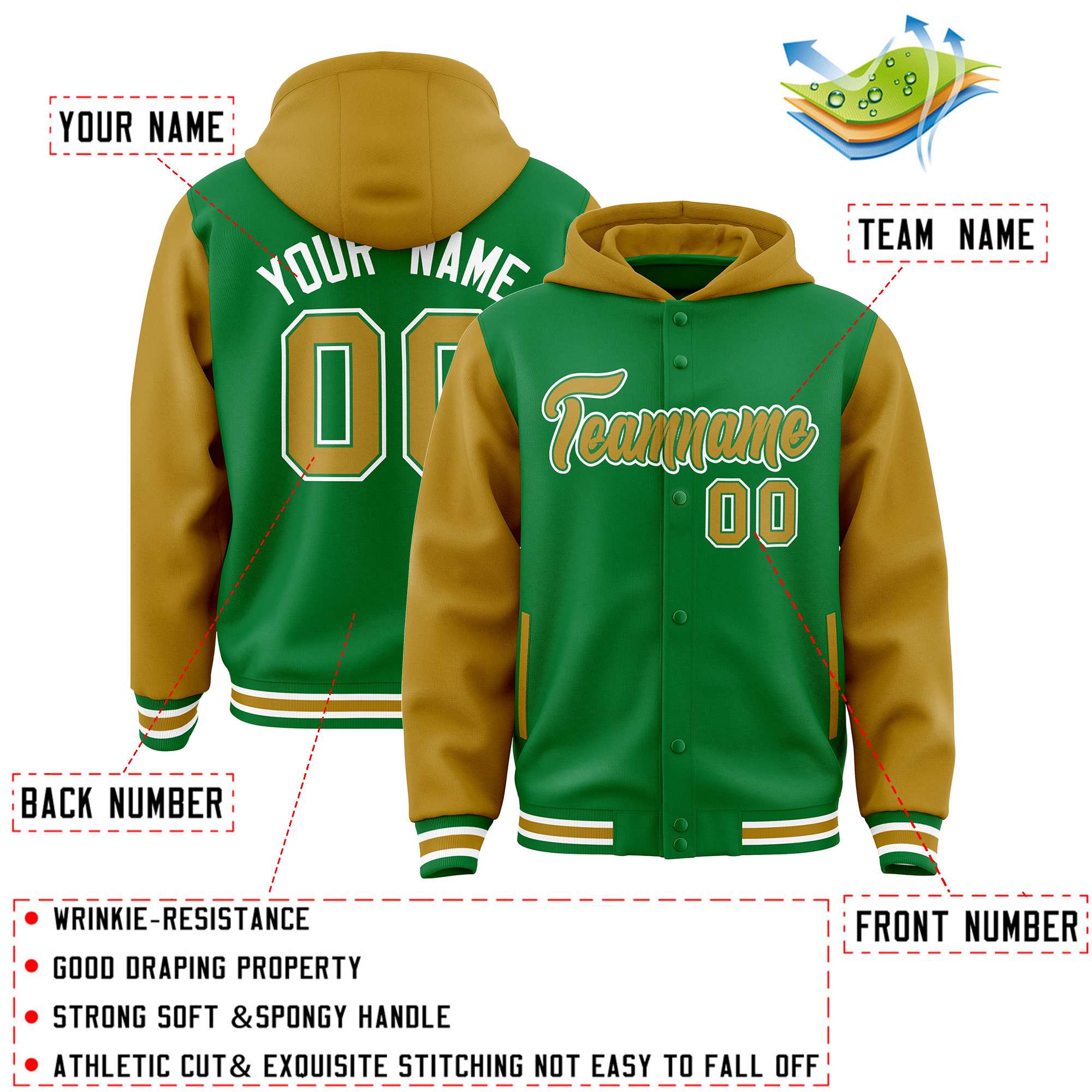 Custom Kelly Green Old Gold Raglan Sleeves Varsity Full-Snap Letterman Two Tone Hoodie Jacket