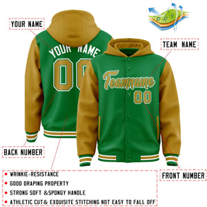 Custom Kelly Green Old Gold Raglan Sleeves Varsity Full-Snap Letterman Two Tone Hoodie Jacket