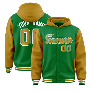 Custom Kelly Green Old Gold Raglan Sleeves Varsity Full-Snap Letterman Two Tone Hoodie Jacket