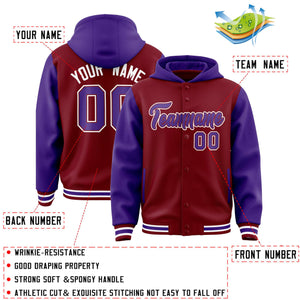 Custom Crimson Purple Raglan Sleeves Varsity Full-Snap Letterman Two Tone Hoodie Jacket