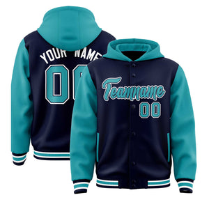 Custom Navy Aqua Raglan Sleeves Varsity Full-Snap Letterman Two Tone Hoodie Jacket