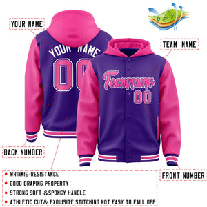 Custom Purple Pink Raglan Sleeves Varsity Full-Snap Letterman Two Tone Hoodie Jacket