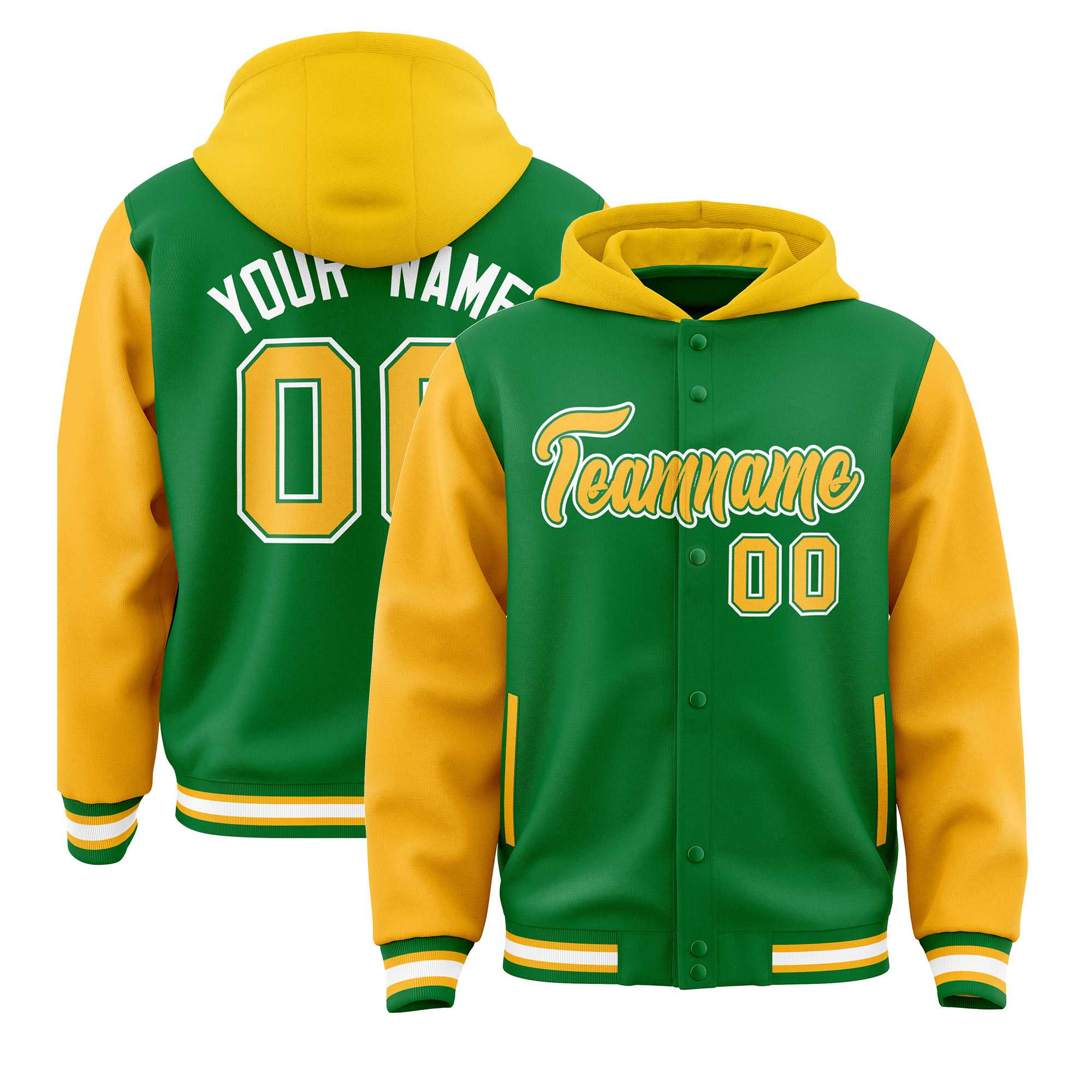 Custom Kelly Green Gold Raglan Sleeves Varsity Full-Snap Letterman Two Tone Hoodie Jacket