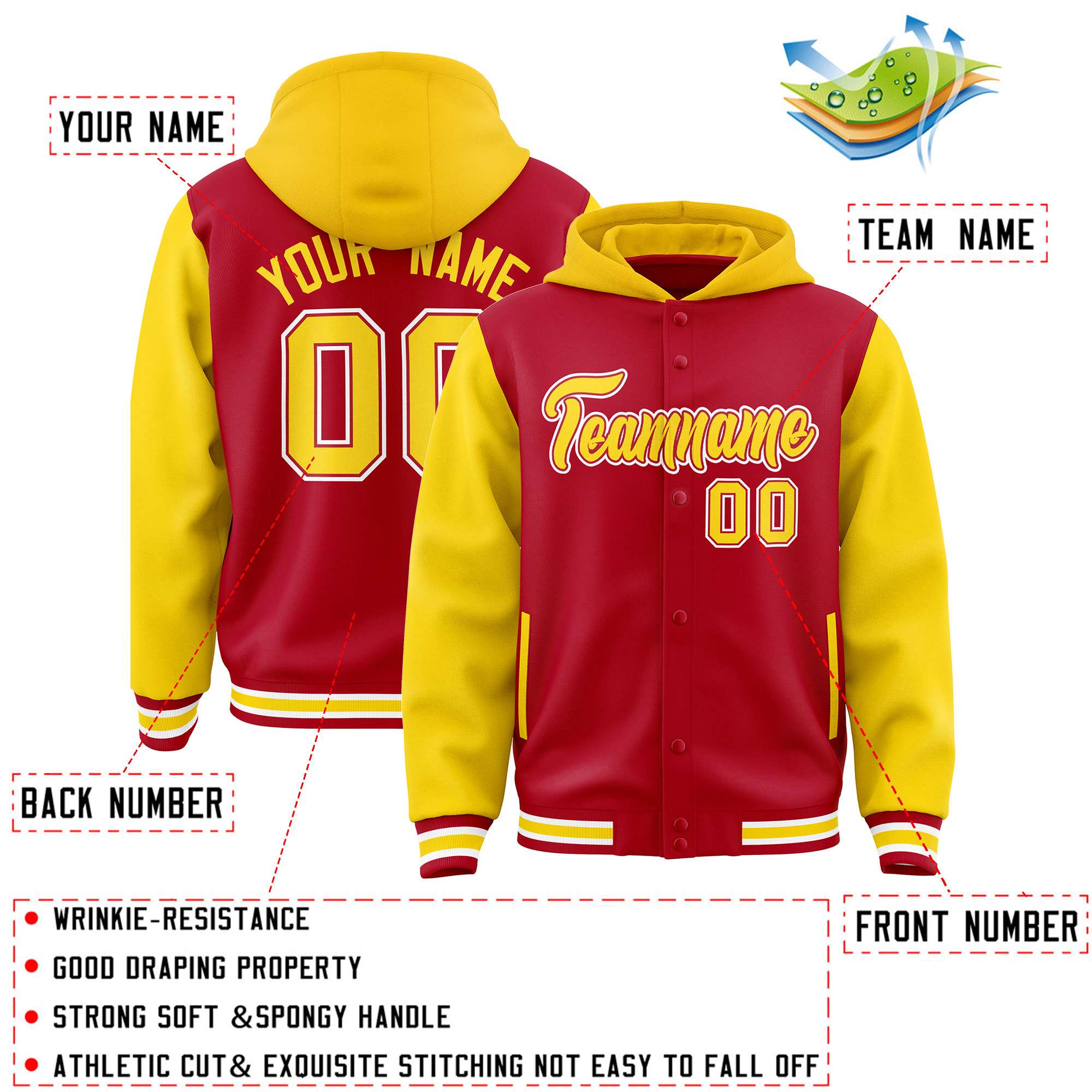 Custom Red Gold Raglan Sleeves Varsity Full-Snap Letterman Two Tone Hoodie Jacket