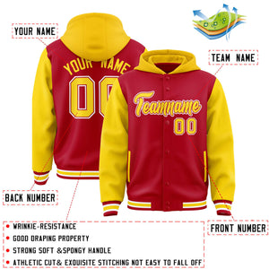 Custom Red Gold Raglan Sleeves Varsity Full-Snap Letterman Two Tone Hoodie Jacket