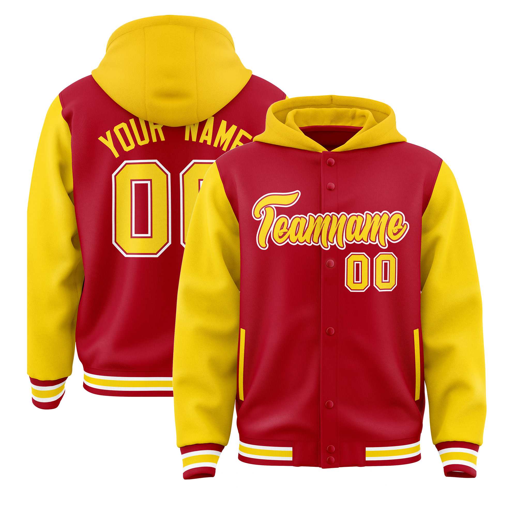 Custom Red Gold Raglan Sleeves Varsity Full-Snap Letterman Two Tone Hoodie Jacket