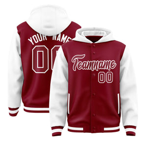 Custom Crimson White Raglan Sleeves Varsity Full-Snap Letterman Two Tone Hoodie Jacket