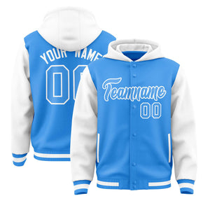 Custom Powder Blue White Raglan Sleeves Varsity Full-Snap Letterman Two Tone Hoodie Jacket