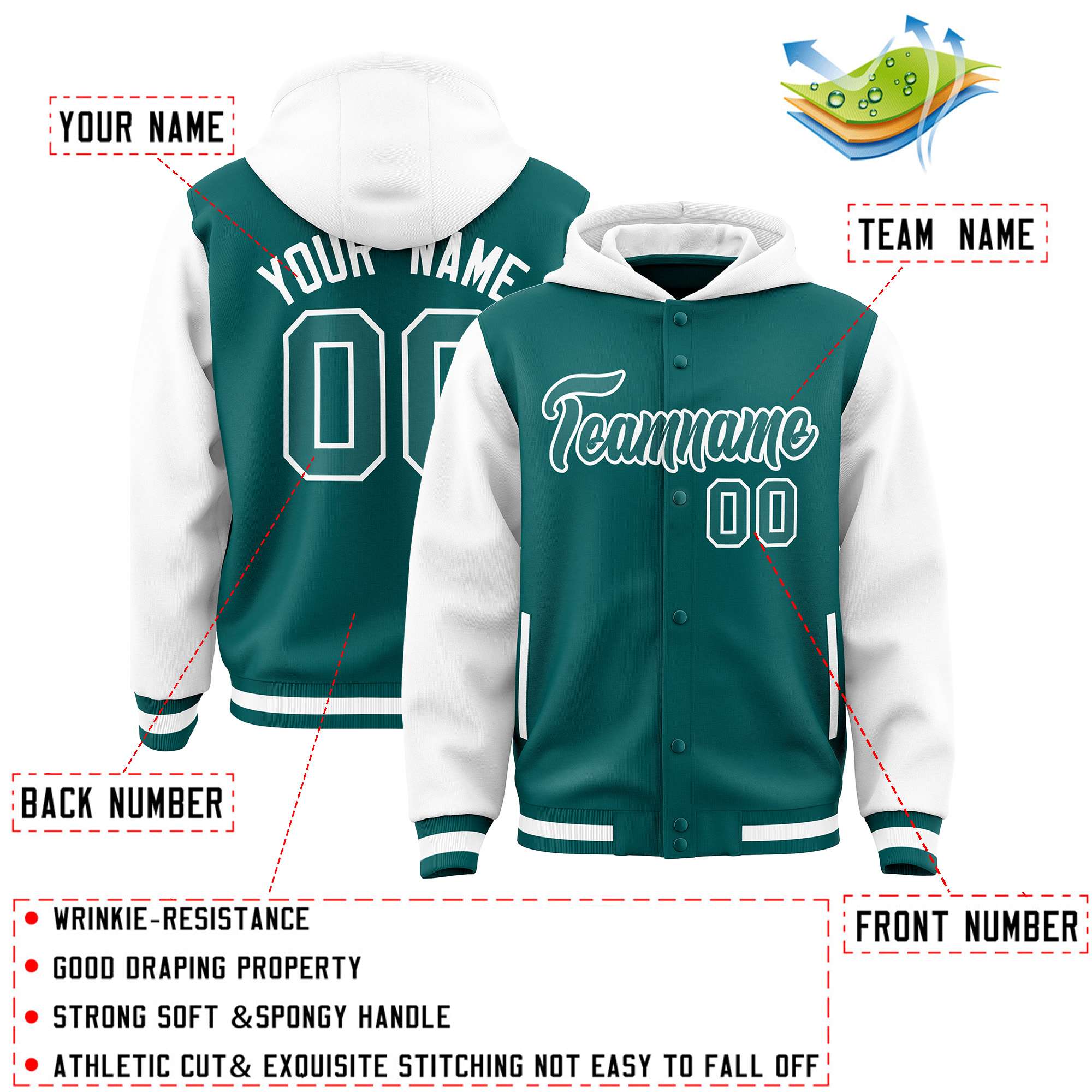 Custom Aqua White Raglan Sleeves Varsity Full-Snap Letterman Two Tone Hoodie Jacket