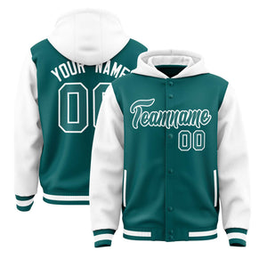 Custom Aqua White Raglan Sleeves Varsity Full-Snap Letterman Two Tone Hoodie Jacket