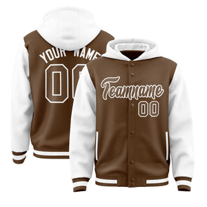 Custom Light Brown White Raglan Sleeves Varsity Full-Snap Letterman Two Tone Hoodie Jacket