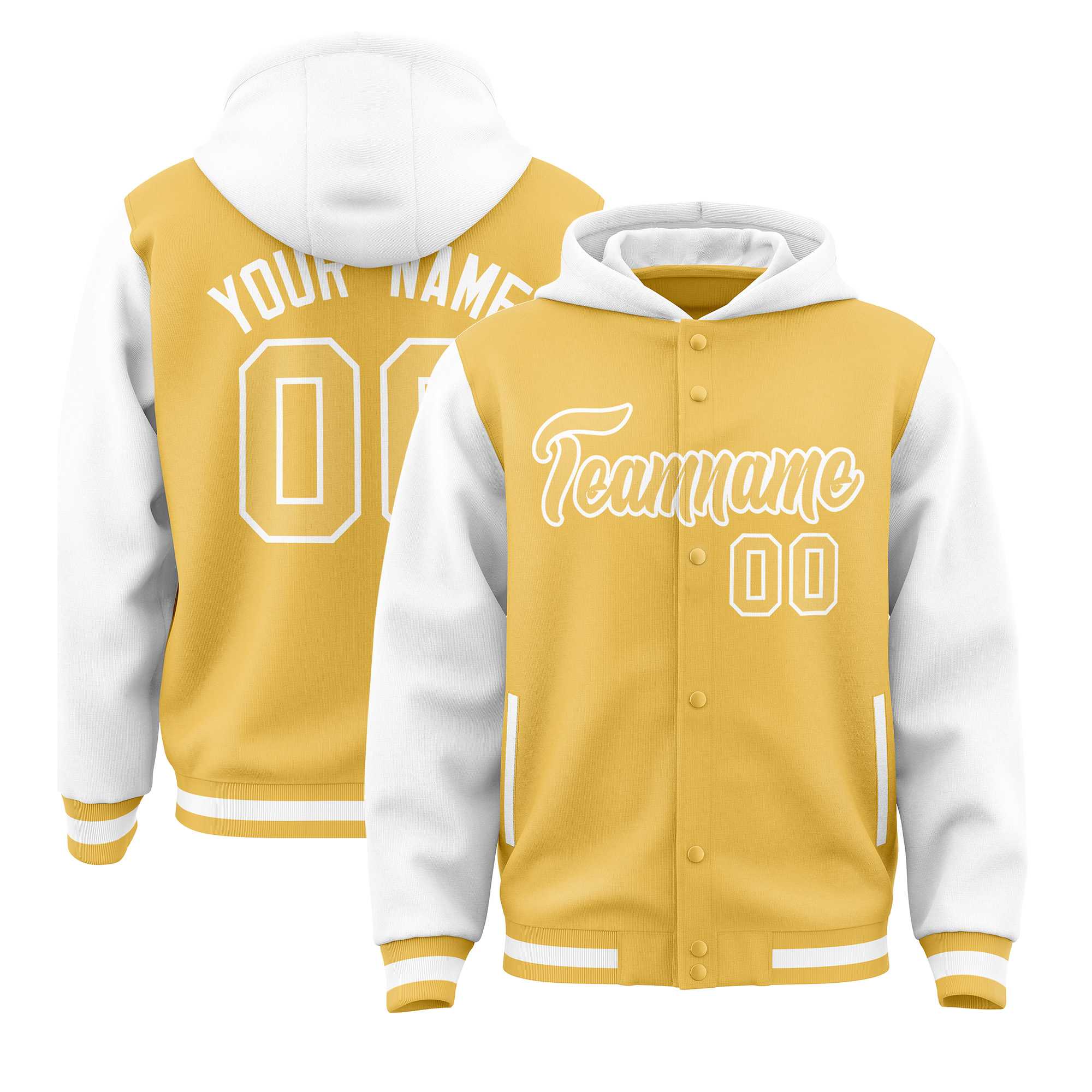 Custom Yellow White Raglan Sleeves Varsity Full-Snap Letterman Two Tone Hoodie Jacket