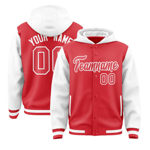 Custom Light Red White Raglan Sleeves Varsity Full-Snap Letterman Two Tone Hoodie Jacket