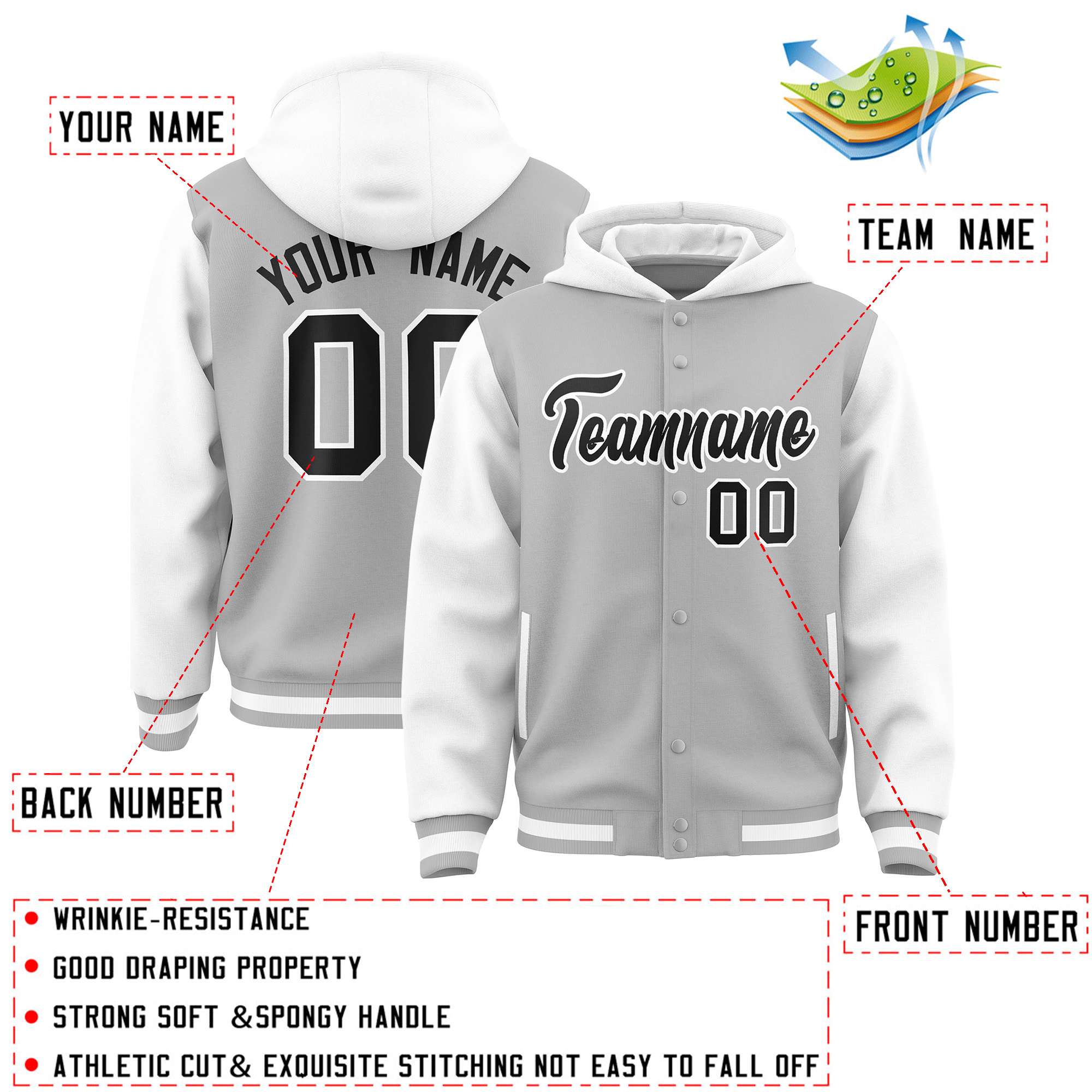 Custom Gray White Raglan Sleeves Varsity Full-Snap Letterman Two Tone Hoodie Jacket