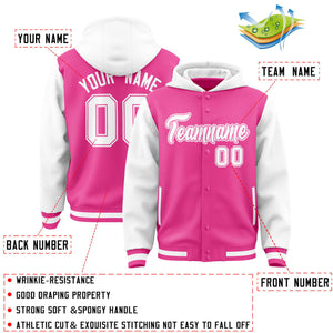 Custom Pink White Raglan Sleeves Varsity Full-Snap Letterman Two Tone Hoodie Jacket