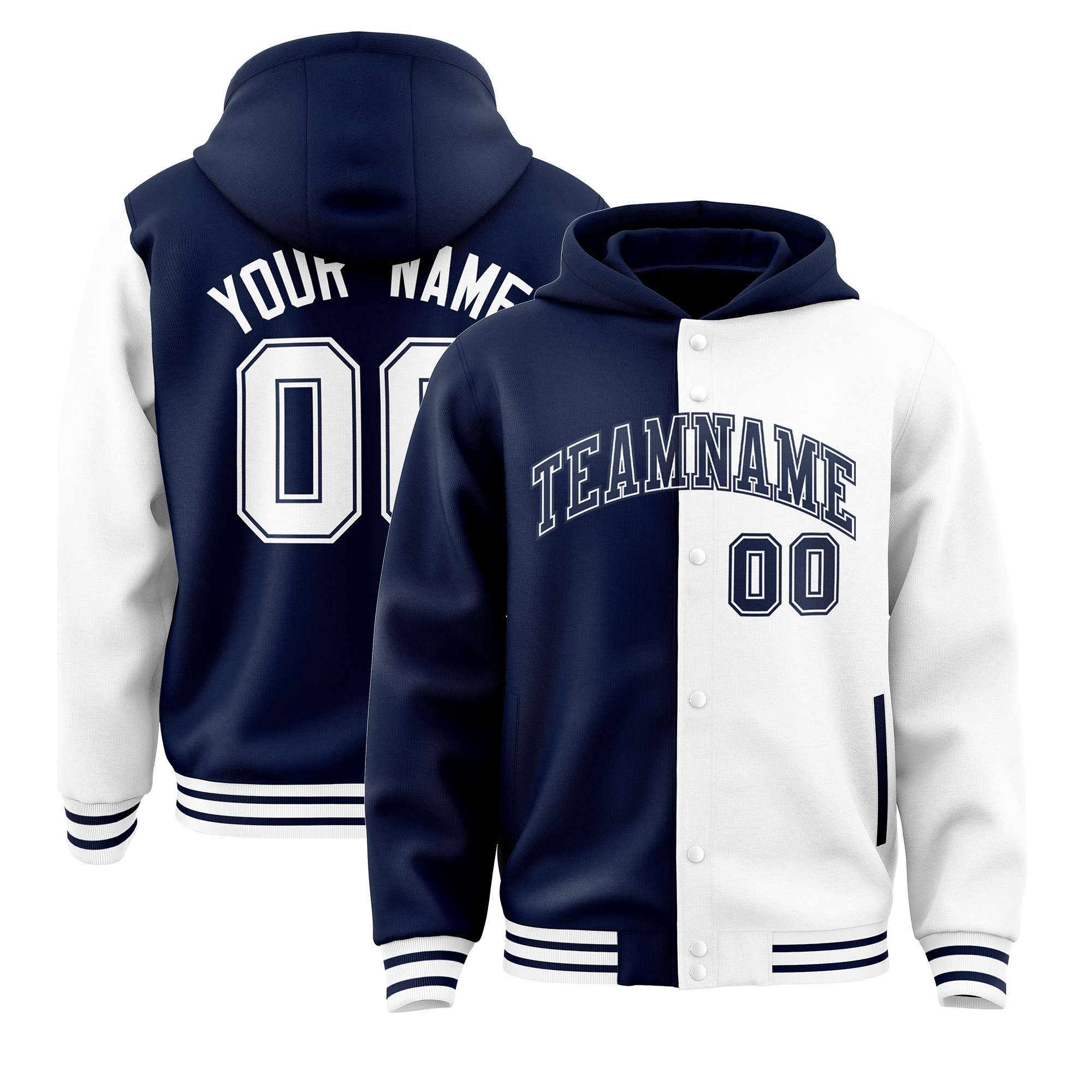 Custom Navy White Split Fashion Varsity Full-Snap Letterman Two Tone Hoodie Jacket