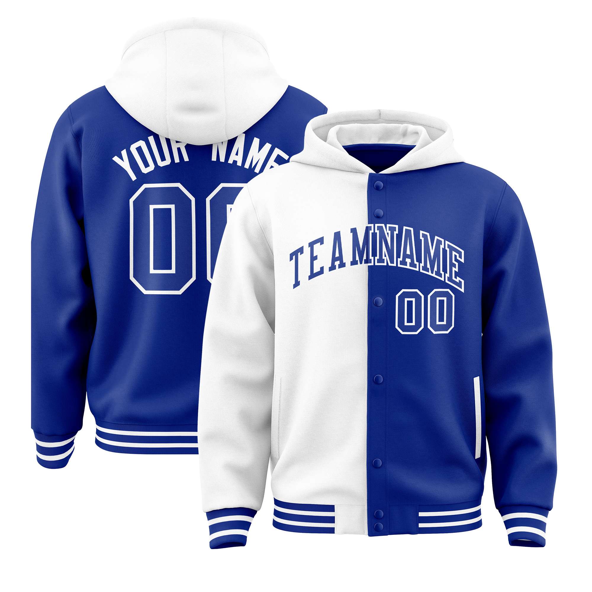 Custom White Royal Split Fashion Varsity Full-Snap Letterman Two Tone Hoodie Jacket