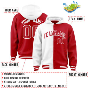 Custom White Red Split Fashion Varsity Full-Snap Letterman Two Tone Hoodie Jacket