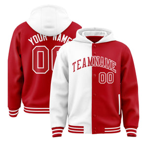 Custom White Red Split Fashion Varsity Full-Snap Letterman Two Tone Hoodie Jacket