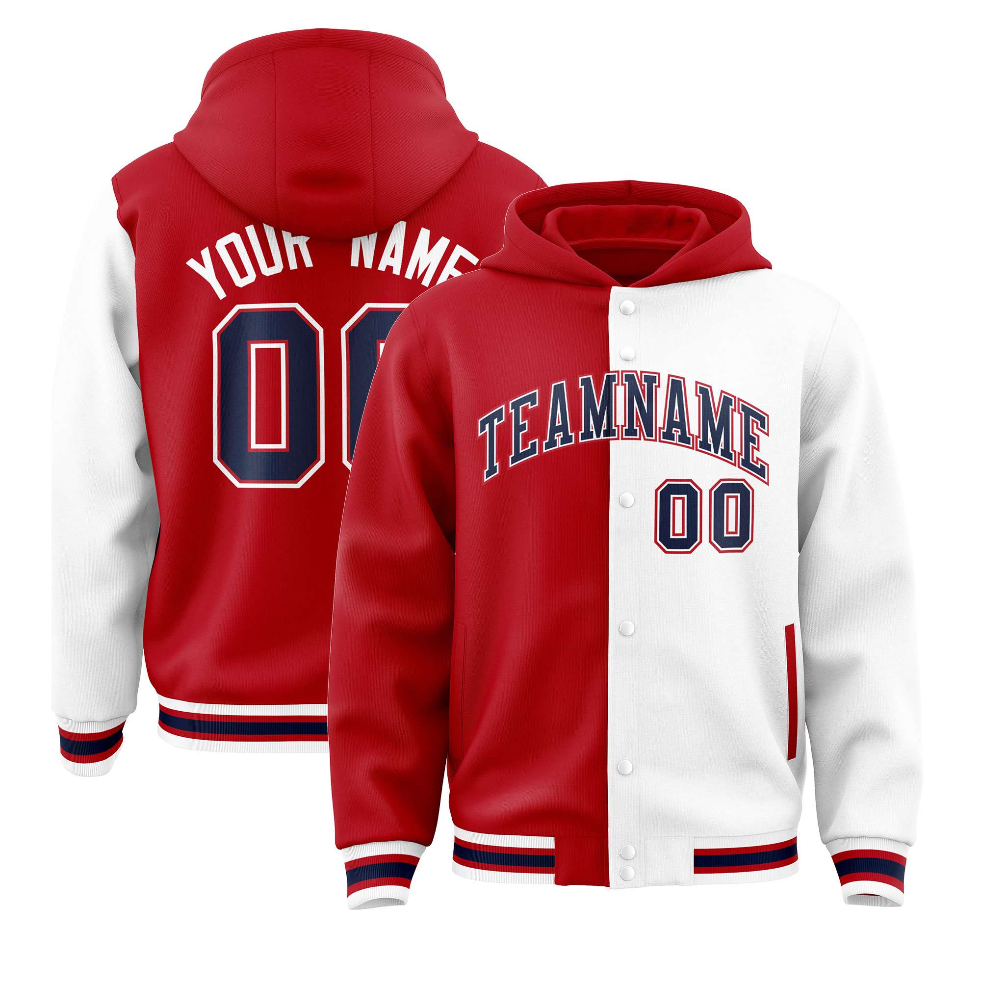 Custom Red White Split Fashion Varsity Full-Snap Letterman Two Tone Hoodie Jacket