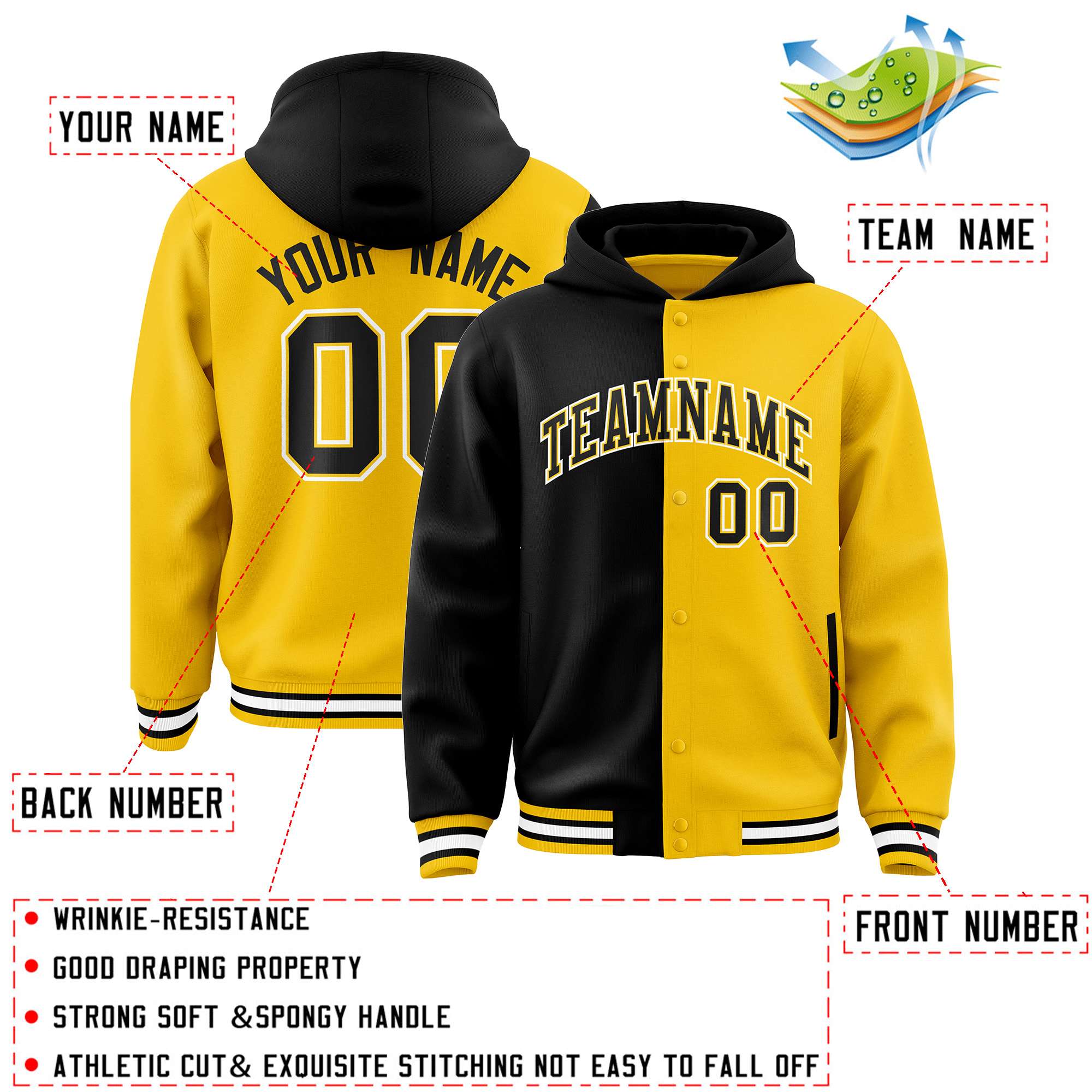 Custom Black Gold Split Fashion Varsity Full-Snap Letterman Two Tone Hoodie Jacket