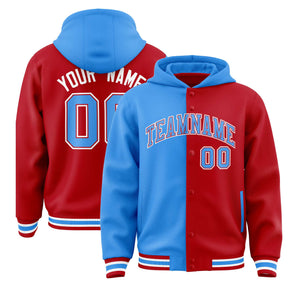 Custom Powder Blue Red Split Fashion Varsity Full-Snap Letterman Two Tone Hoodie Jacket