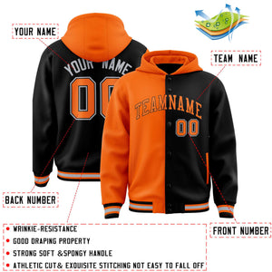 Custom Orange Black Split Fashion Varsity Full-Snap Letterman Two Tone Hoodie Jacket