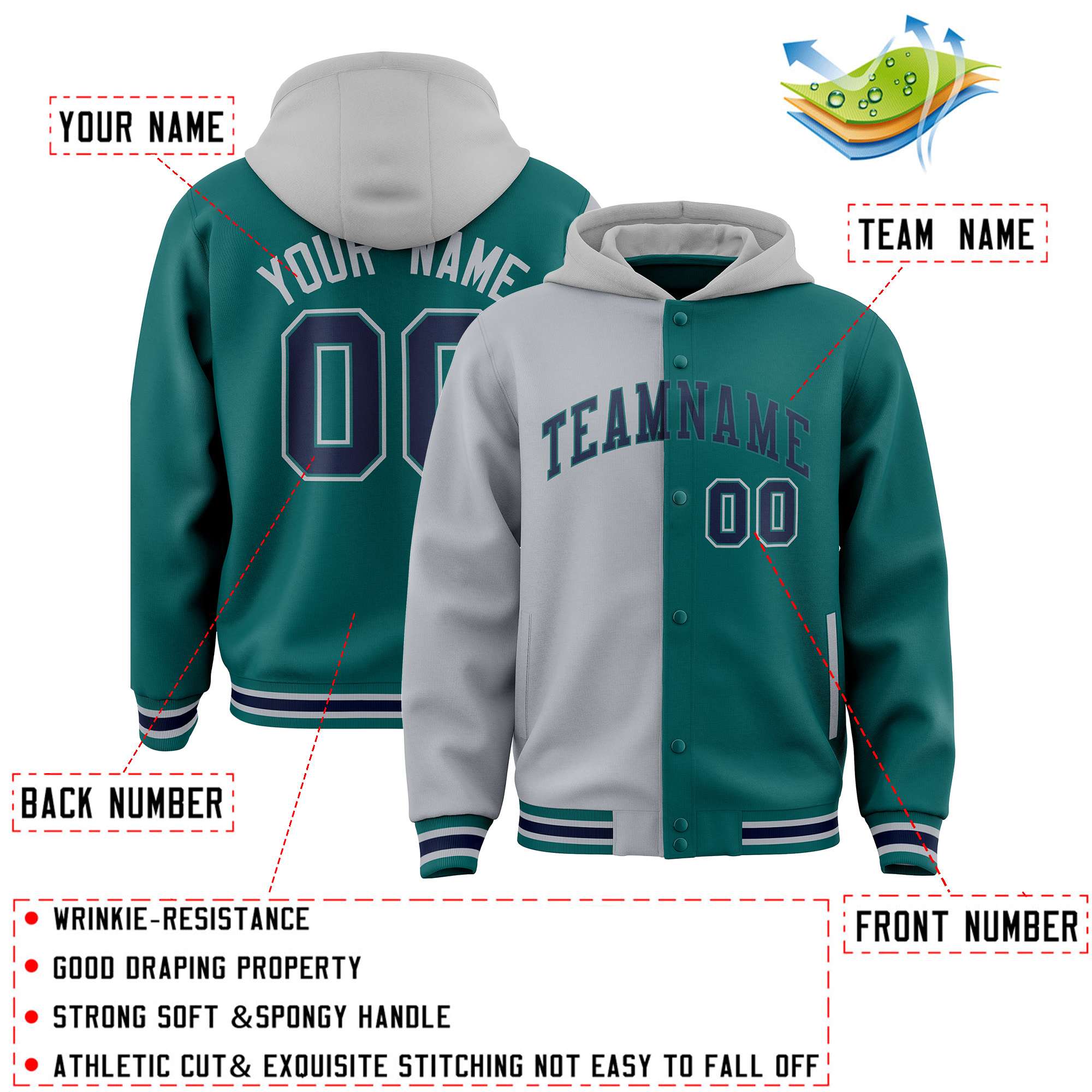 Custom Gray Aqua Split Fashion Varsity Full-Snap Letterman Two Tone Hoodie Jacket