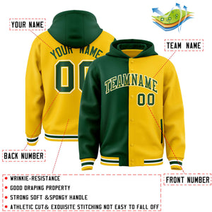 Custom Green Gold Split Fashion Varsity Full-Snap Letterman Two Tone Hoodie Jacket