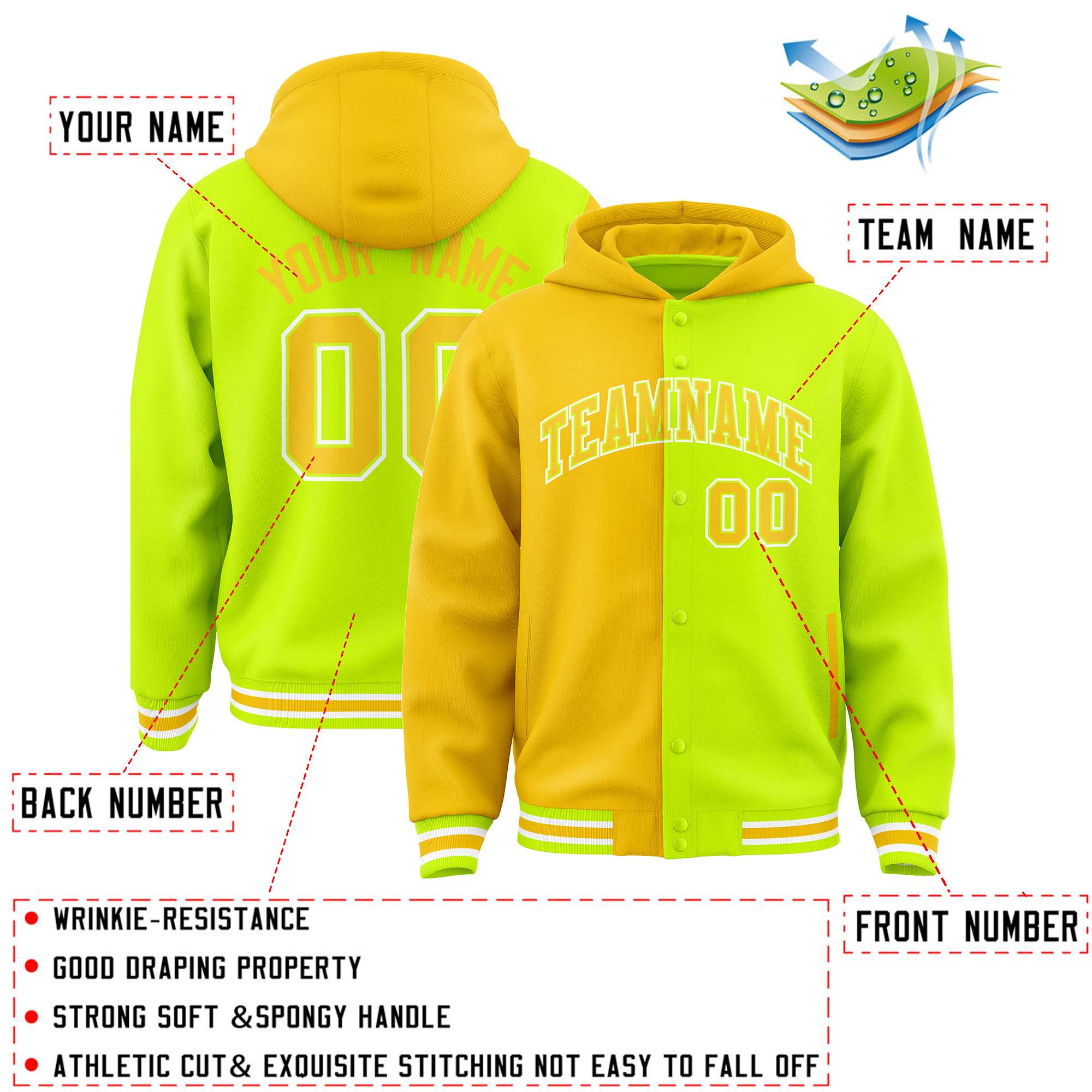 Custom Gold Neon Green Split Fashion Varsity Full-Snap Letterman Two Tone Hoodie Jacket