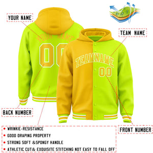 Custom Gold Neon Green Split Fashion Varsity Full-Snap Letterman Two Tone Hoodie Jacket