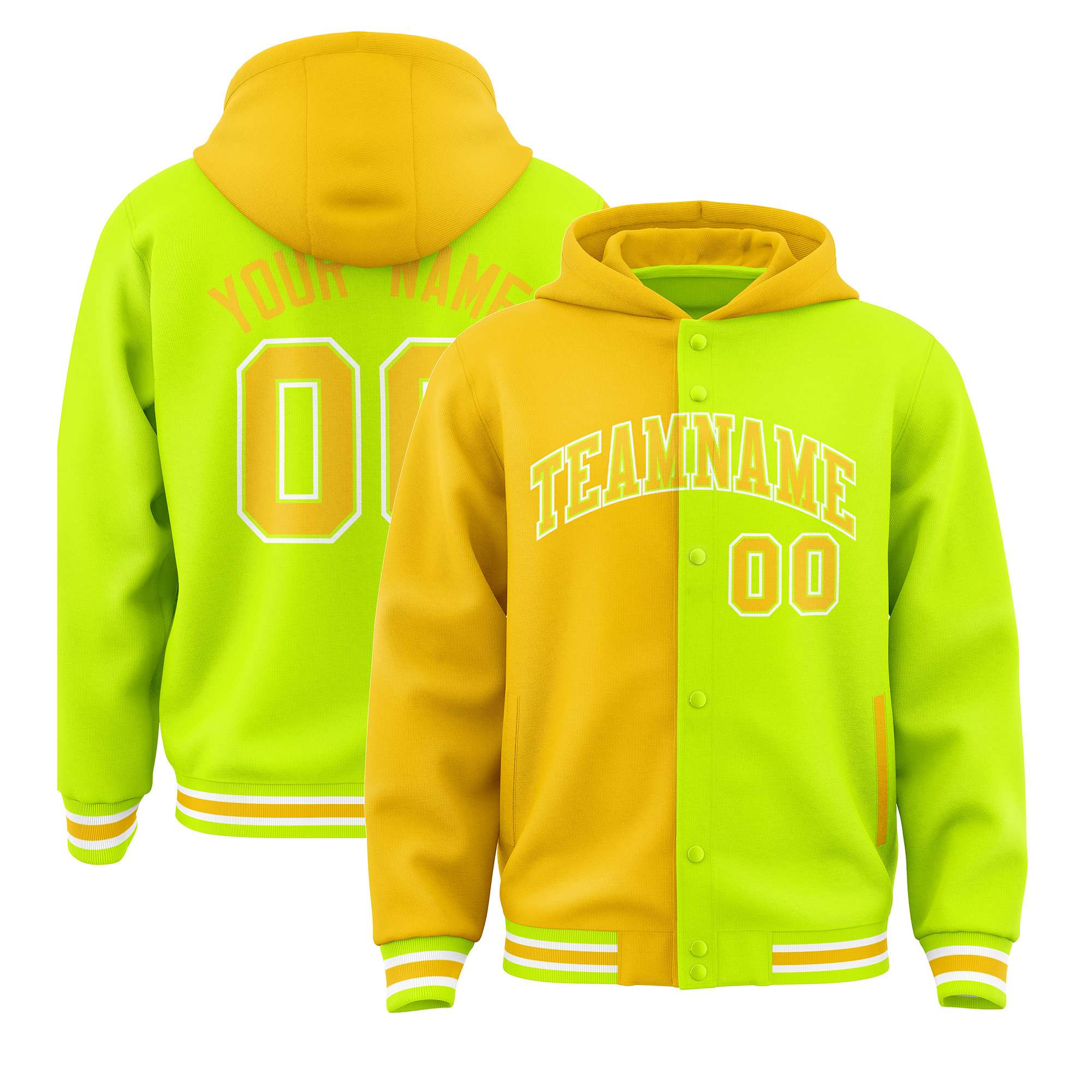 Custom Gold Neon Green Split Fashion Varsity Full-Snap Letterman Two Tone Hoodie Jacket